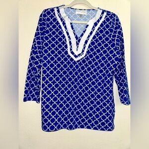 Pappagallo women’s blue white printed v neck tunic blouse S beach summer spring